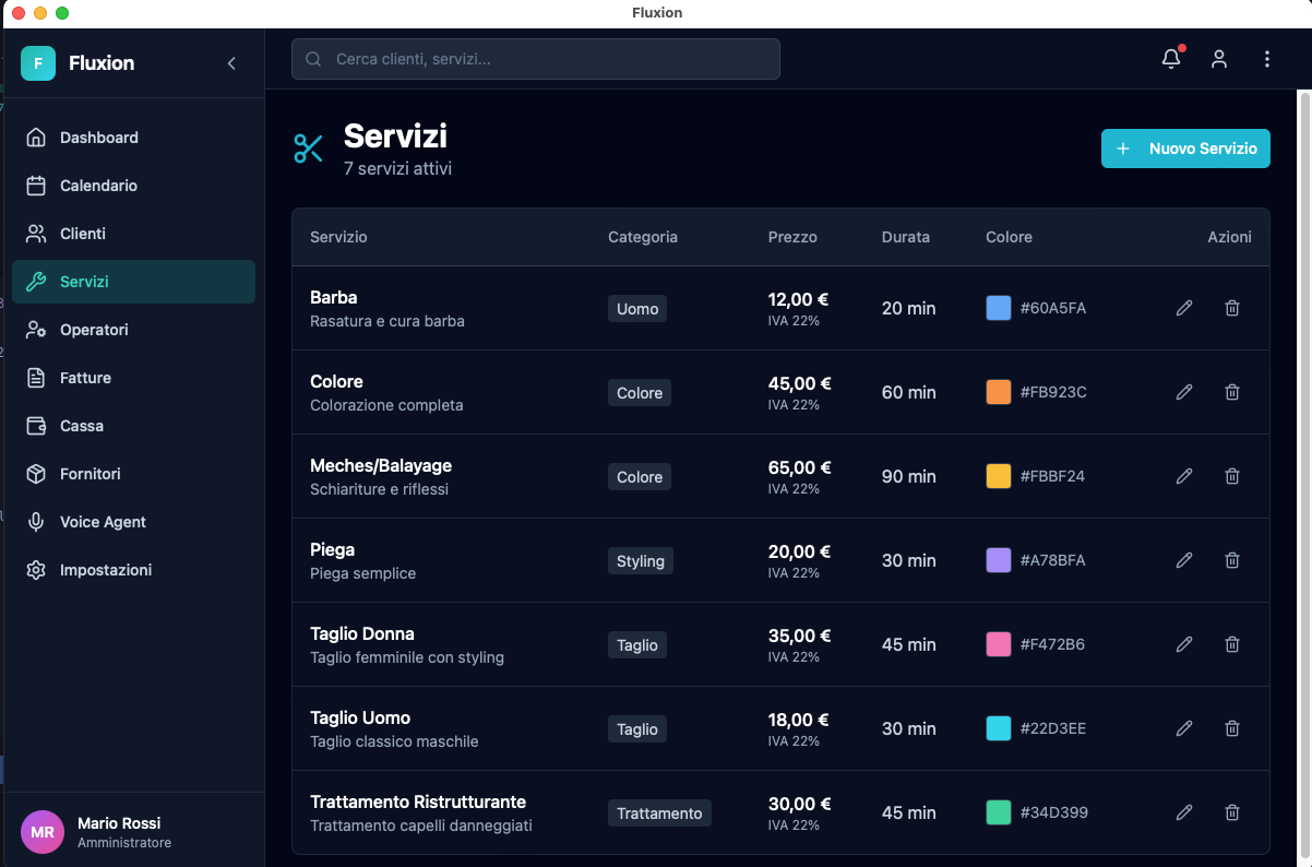 Fluxion — Lista servizi