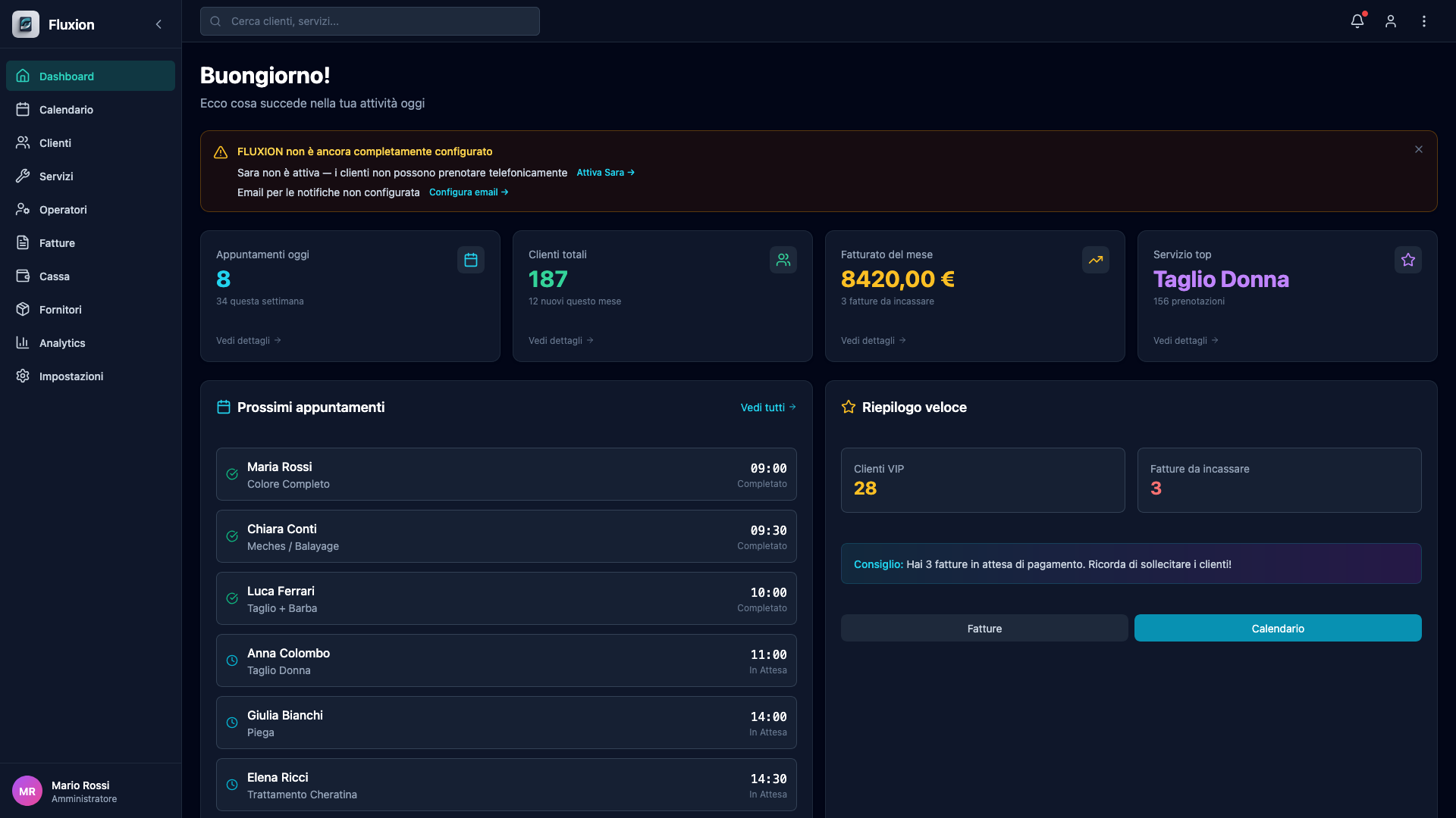 Fluxion — Dashboard con appuntamenti, fatturato e clienti