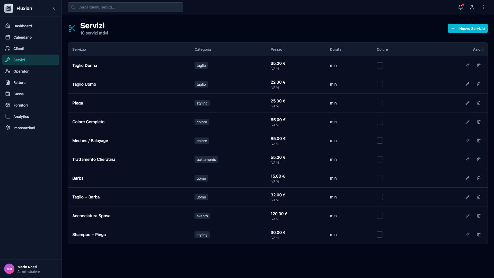 Fluxion — Lista servizi